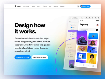 Framer.com animation app branding design framer gradient header hero interaction interactive prototype smart components transition ui video web website