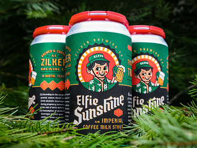 Elfie Sunshine austin badge beer beer can blackletter brewing christmas custom type elf holiday illustration lettering local logo packaging stout texas type wednesday zilker