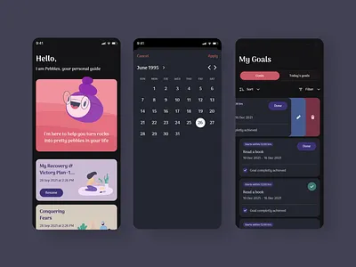 Dark mode app design clean color dark mode dark mode design design health app illustration journal app mind health minimal mobile app simple ui ux