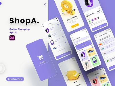 ShopA - Online shopping UI Kit app cart home illustration ios ios ui onboarding online shop online shopping online store payment ui shop ui splash ui ux wishlist