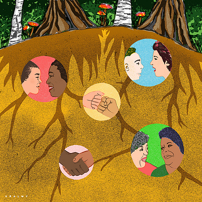 THE SOCIAL LIFE OF FORESTS colorful communication cooperate digital art editorial illustration forest fungi illustration network subterranean trees