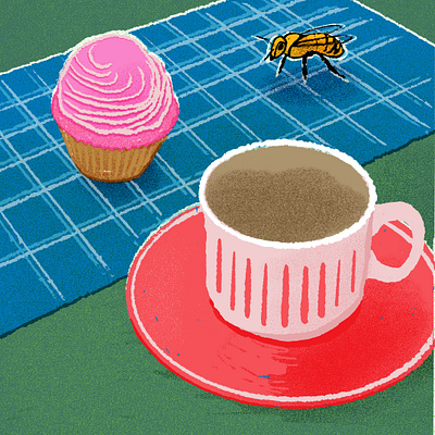 coffee, cupcake and a bee bee coffee cup colorful cupcake digital art illustration