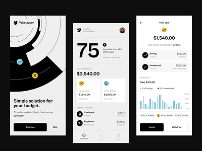 Poketsaver: mobile app for money saving app branding clean dashboard defi design finance fintech icons illustration interface ui ux visual identity