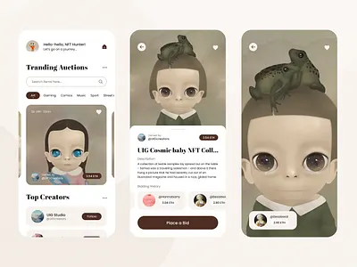 NFT Auction App 2d characters 2d nft blockchain characters crypto metaverse mobile app nft nft auction nft collection nft illustrations nft mobile app nftmarketplace ui uig studio web 3.0 web 3d