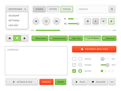 Clean UI Kit - Figma Auto Layout and Variants auto layout button clean dropdown figma focus icon button menu music player music player ui skeuomorphic skeuomorphism slider tags ui ui kit user interface variant variants volume control