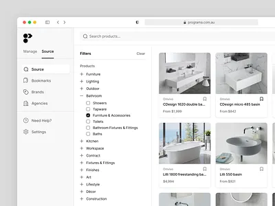 Source - Find Products agency architecture bookmark brands filter interior design management monochromatic products search ui ux web app