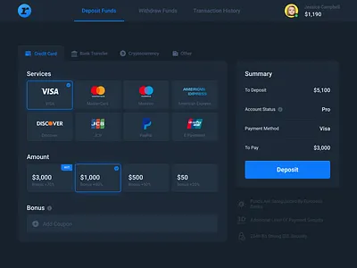 Payment Method amount bank bonus checkout choose credit card deposit desktop interface payment method select status summary ui withdraw