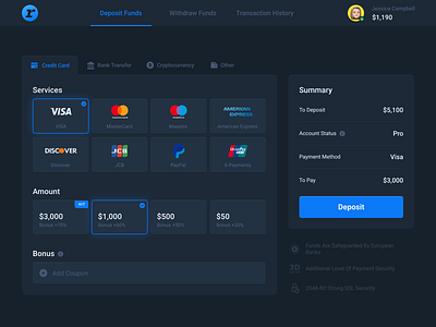 Payment Method amount bank bonus checkout choose credit card deposit desktop interface payment method select status summary ui withdraw