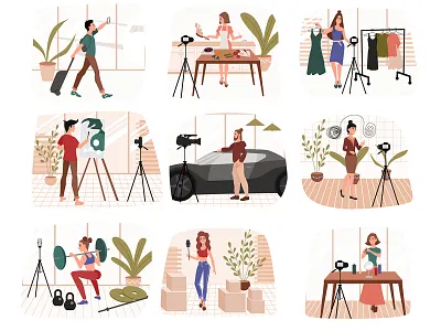 Set of illustrations on the theme of blogger blogger blogger car review blogger psychologist blogger traveler blogging blogger camera car chef culinary blogger fitness fitness blogger illustration people psychology smartphone social networks travel