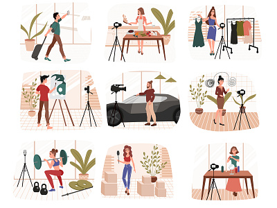 Set of illustrations on the theme of blogger blogger blogger car review blogger psychologist blogger traveler blogging blogger camera car chef culinary blogger fitness fitness blogger illustration people psychology smartphone social networks travel