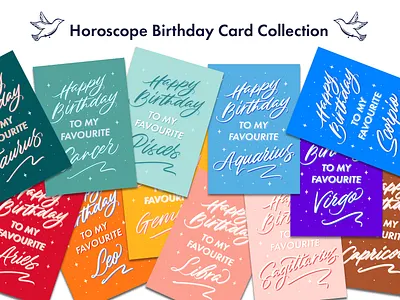 Astrology Birthday Card Collection Printable astrology available for license birthday birthday card birthday invitation brush calligraphy brush script brushlettering card collection greeting card handlettered handlettering horoscope horoscopes lettering license printable zodiac zodiac sign zodiac signs