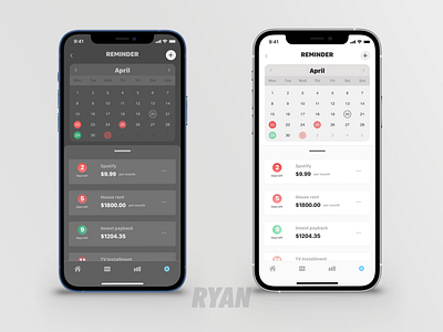 Dark Mode | Light Mode Reminder app design appdesign calendar calendar ui calender component dark app dark mode dark theme dark ui design finance app financial reminder reminder app ui uidesign uiux ux