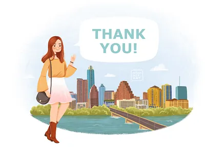 Thank you page illustration branding character character design design digital art female female character girl girl character illustration skyline texas thank you page ui website woman