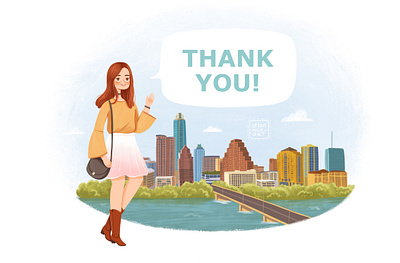 Thank you page illustration branding character character design design digital art female female character girl girl character illustration skyline texas thank you page ui website woman