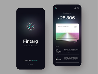 Fintarg - Fintech app dark theme dark ui finance finance app financial app fintech fintech app fintech branding holographic insights irridescent metal texture metalic metallic minimal modern money app rainbow updates