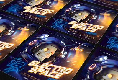 Electro Space Party Flyer vol.2 3d astro astronaut cosmonaut electro flyer helmet neon party planet skull space stars universe