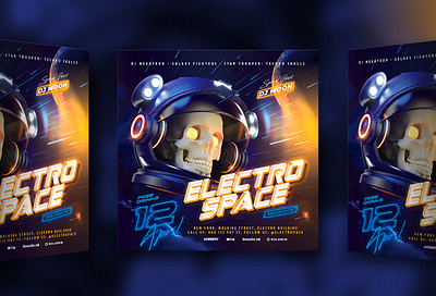 Electro Space Party Flyer vol.2 3d astro astronaut cosmonaut electro flyer helmet neon party planet skull space stars universe
