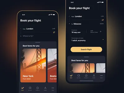 Flight Booking airline app booking cards dark ui departure design figma flight ios travel ui