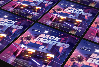 Back to The 80s Party Flyer 80`s 80s car city delorean eighties flyer futuresynth neon new outrun palm party retro retrowave synth synthwave vapor vaporwave wave