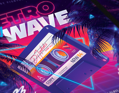 Party Flyer Retrowave 80`s 80s audio audiocassette cassette delorean eighties flyer neon new outrun palm party retro retrowave synth synthwave vapor vaporwave wave