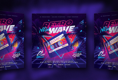 Party Flyer Retrowave 80`s 80s audio audiocassette cassette delorean eighties flyer neon new outrun palm party retro retrowave synth synthwave vapor vaporwave wave
