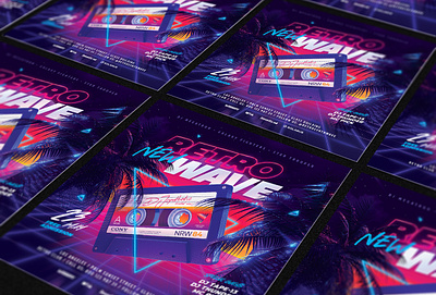 Party Flyer Retrowave 80`s 80s audio audiocassette cassette delorean eighties flyer neon new outrun palm party retro retrowave synth synthwave vapor vaporwave wave