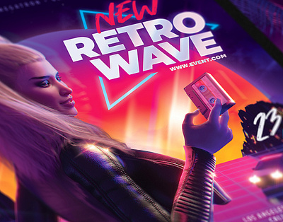 Party Flyer New Retrowave 80`s 80s audiocassette cassette delorean eighties flyer girl new outrun palm party pretty retro retrowave sexy synth synthwave vapor vaporwave