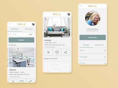 Milla - Real Estate App app green mobile app mobile ui realestate yellow