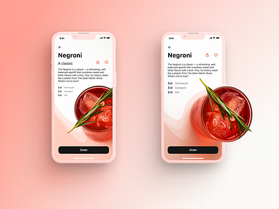 Cocktail app 3d app cocktail cocktail recipe cocktails design drinks effect exploration light minimalitics negroni recipe simple summer ui ux