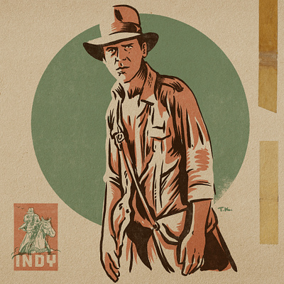 Indy Stamp adventure design drawing illustration indiana jones portrait vintage design