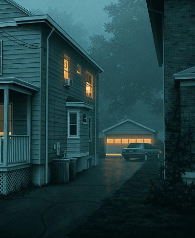 A Passing View car house illustration moody mysterious neighborhood nicholas moegly night nighttime nostalgic poster screen print