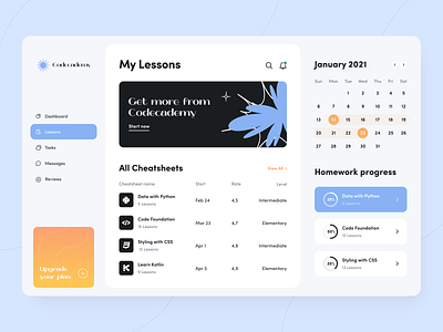 Codecademy - Web app application arounda calendar cheatsheets code concept courses education figma lessons online course platform product design saas study teaching ui ux web app