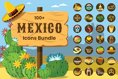 100+ Mexico Icons Mega Bundle cartoon collection colorful design food icon icon design icon set icons icons pack icons set illustration latino mexican mexican art mexican food mexico set south america vector