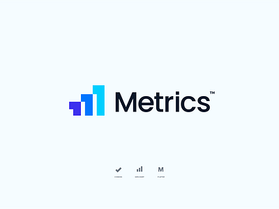 Metrics Logo analytics bar branding buy chart check mark concept data design finance for sale graph icon identity logo m letter mark register typography