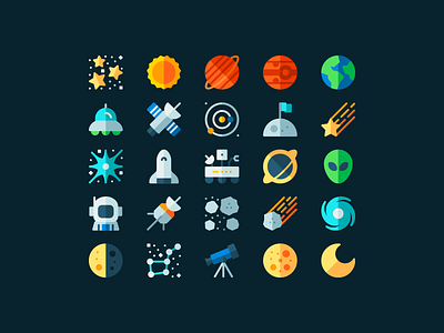 Space icons alien design icon icons illustration line linear lines meteor minimal minimalism minimalist minimalistic moon planet space star sun vector