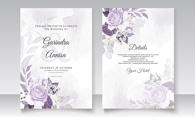 Elegant wedding invitation card with purple floral and leaves t background banner border card decoration design elegant flyer frame greeting invitation invite marriage poster premium purple rsvp template vector wedding