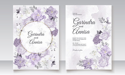 Elegant wedding invitation card with purple floral and leaves t background banner border card decoration design elegant flyer frame greeting invitation invite marriage poster premium purple rsvp template vector wedding