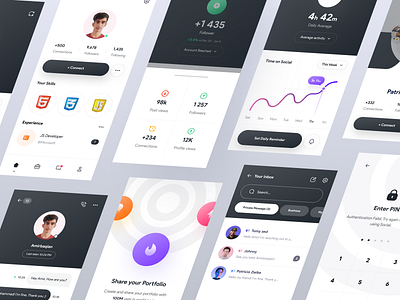 Social Screens activity chart charts chat chat app gradient intro kit message messanger minimal portfolio profile signin signup social social app social network socialmedia status