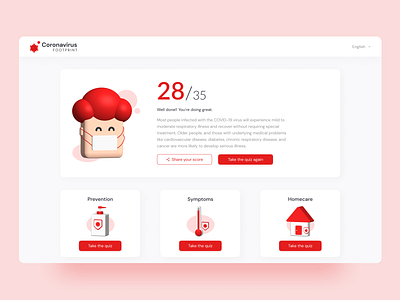Corona Quiz Result - Web Design 3d 3d illustration 3d modeling clean corona covid design figma minimal pandemic quiz results ui ui design ux ux design virus web web design website