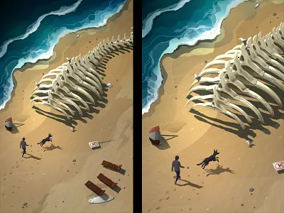 Whale Beach beach digitalart dog walking drawing illustration photoshop procreate seagull skeleton whale