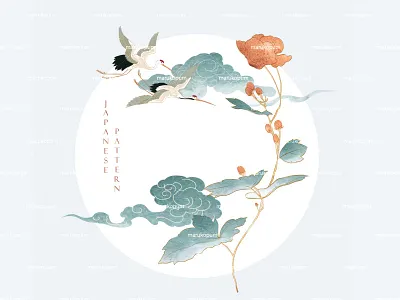 Flower and chinese cloud decorations with crane birds abstract art asian traditional background banner chinese cloud crane birds design digital art illustration japanese logo pattern vector watercolor texture
