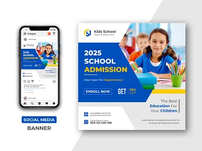 School education admission social media post & web banner admission ads advertisement back to banner children class college creative education flyer junior kids kindergarten learning modern school square student university