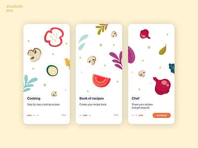 Onboarding. DailyUI: 023 daily 100 challenge dailyui dailyui001 dailyui002 dailyui023 food illustration mobile app design onboarding onboarding screen recipe app uidesign uiux vegetables