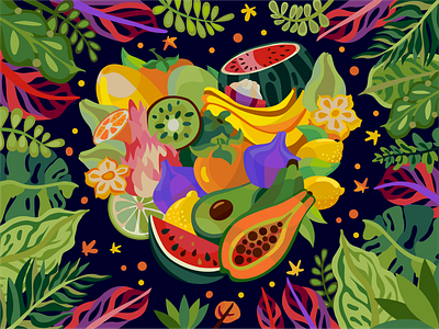 Tropical Pattern adobe illustrator avacado bananas design flowers foliage fruits graphics illustration lemon mango mangosteen persimmon tropical vector vector art vector illustration watermelon