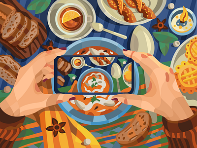 Photographing dinner adobe illustrator bread design dinner flat game design game illustration graphics hands illustration poster stilllife tea vector vector art vector illustration