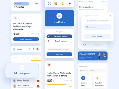 IcedCube. Collective questionnaire and planning app UI kit app components design event forms friends app guests invite kit mobile organization party planning questionnaire social survey ui ux