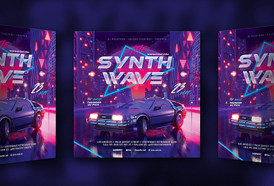 Synth Wave Party Flyer 80`s 80s back car city delorean eighties flyer future futuresynth new outrun party retro retrowave synth synthwave vapor vaporwave wave