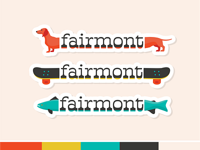 Fairmont Stickers 1970s branding branding and identity dog fish illustration placemaking retro skateboard sticker