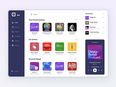 Airr Podcast | Dashboard design interface listening minimal music notes play podcast podcasting quotes ui ux web website