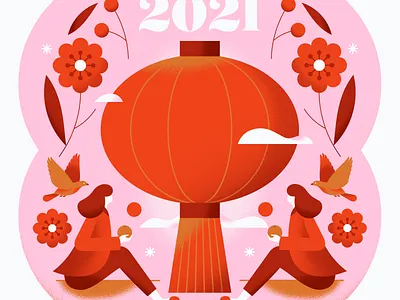 Happy New Year! animal bird celebration chinese chinese new year festive flat floral flower girl gradient illustration lantern lunar new year pastel people red soft texture vector